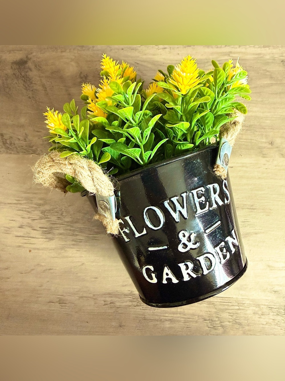 Flower & Garden faux yellow rose flower plant, black pot, rustic rope handles